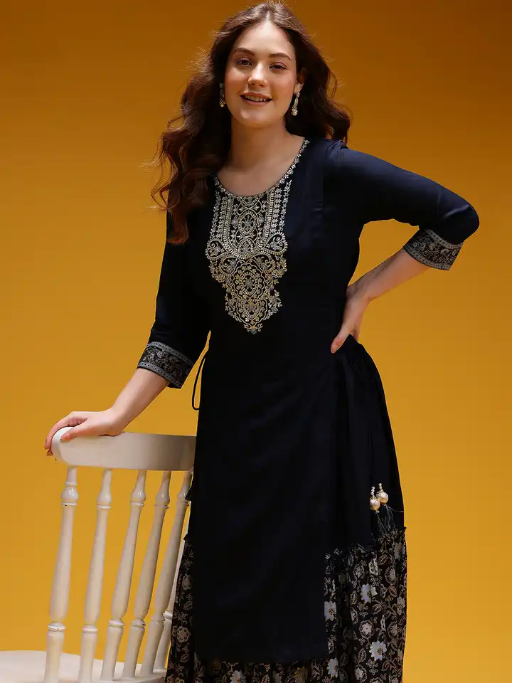 knee length dresses for ladies Girls Beaded Embellished Ruffle Waist Layered Ethnic Dress – Wish Karo main image 0
