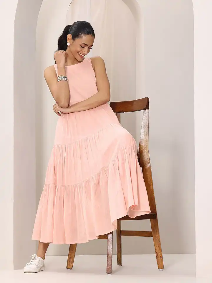 Buy Libas Women Peach Boat Neck Fit & Flare Tiered Midi Dress - Dresses for  Women 34139772 | Myntra