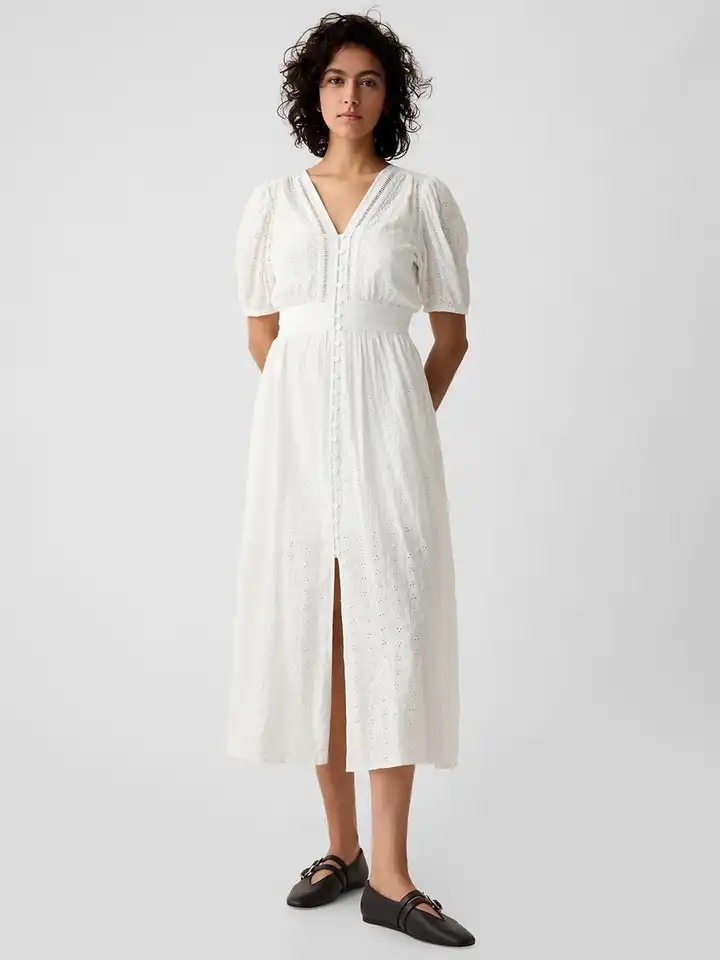Buy GAP Schiffli Embroidered Smocked Puff Sleeve Fit & Flare Midi Dress -  Dresses for Women 34375943 | Myntra