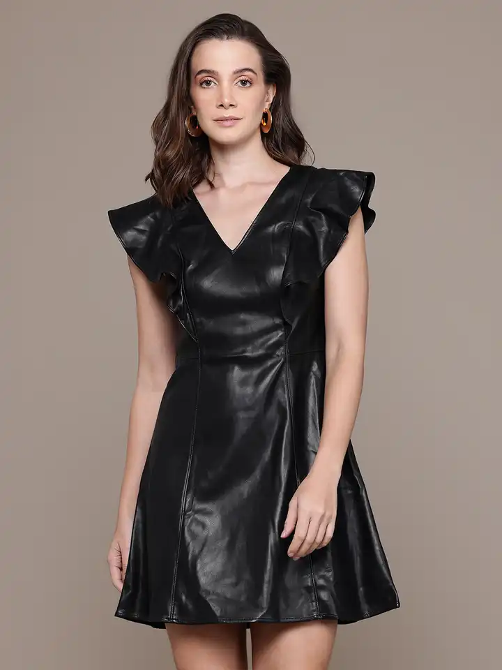 Buy GAP Faux Leather Flutter Sleeve Paneled A-Line Dress - Dresses for  Women 34837179 | Myntra