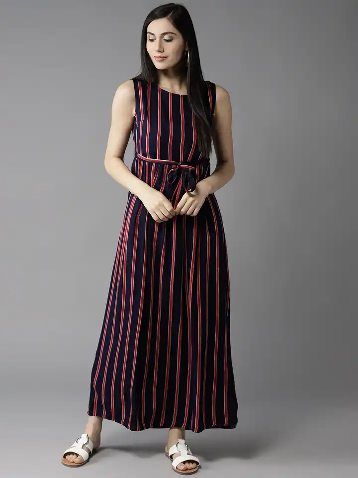 Buy HERE&NOW Women Navy Blue & Red Striped Maxi Dress - Dresses for Women  4321455 | Myntra