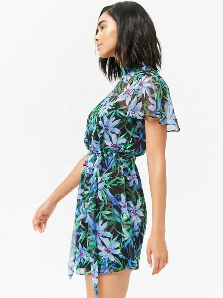Buy FOREVER 21 Women Blue & Green Floral Print Semi-Sheer A-Line Dress -  Dresses for Women 6615912 | Myntra