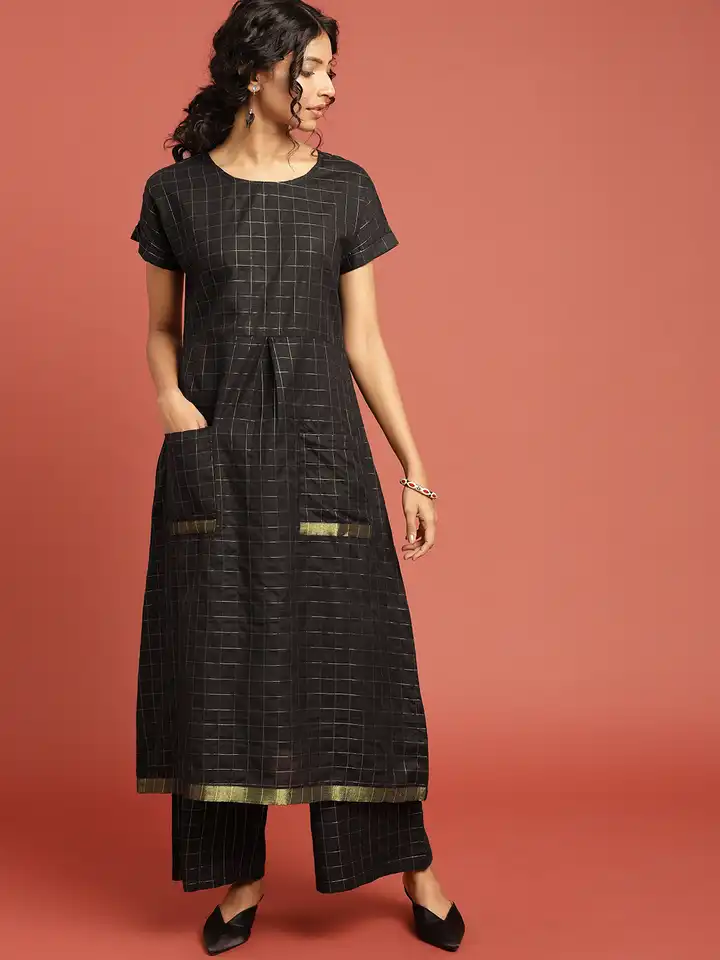 knee length dresses for ladies Kasavu Elegance Golden Tissue High Low Flared Kurta- Lobha Deepthis main image 0
