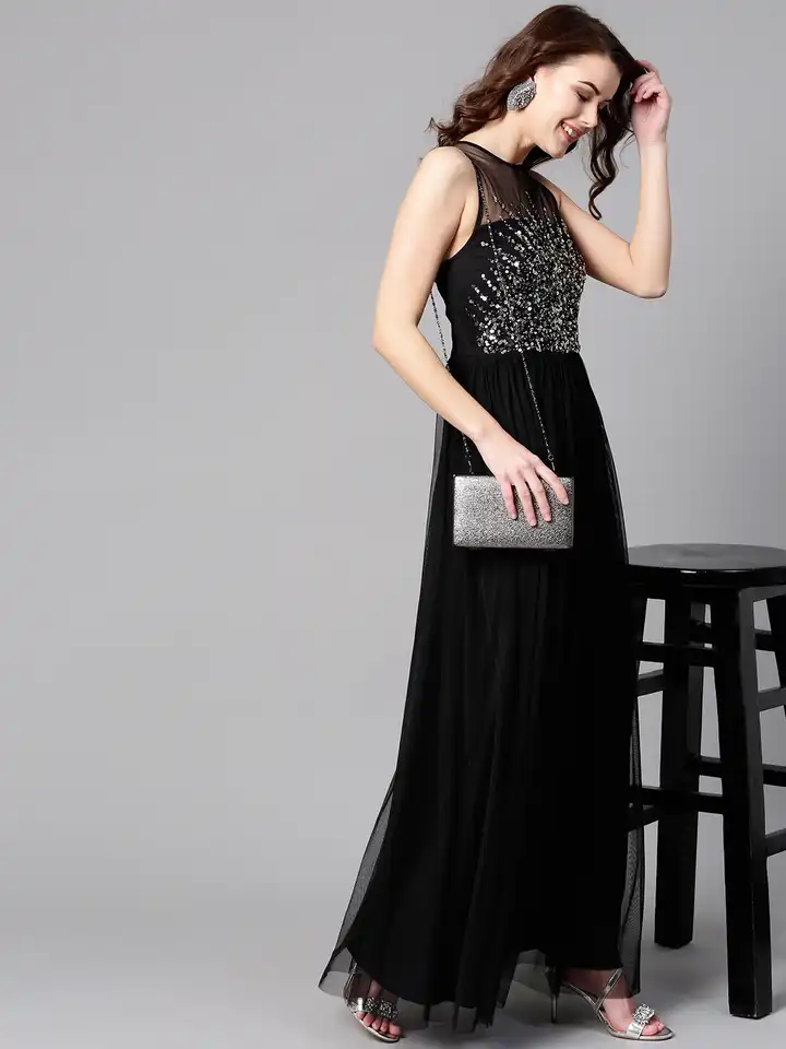 Buy STREET 9 Women Black Solid Net Maxi Dress with Sequinned Detail -  Dresses for Women 8160675 | Myntra