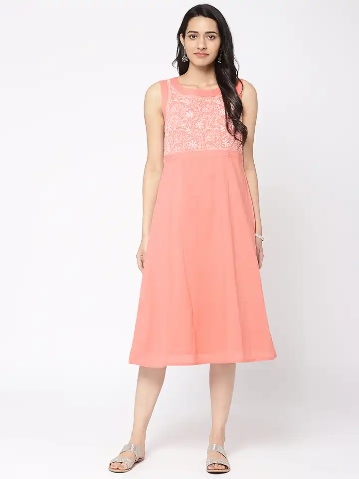 Buy Fabindia Women Dusty Pink Embroidered Detailed A-Line Dress - Dresses  for Women 8736449