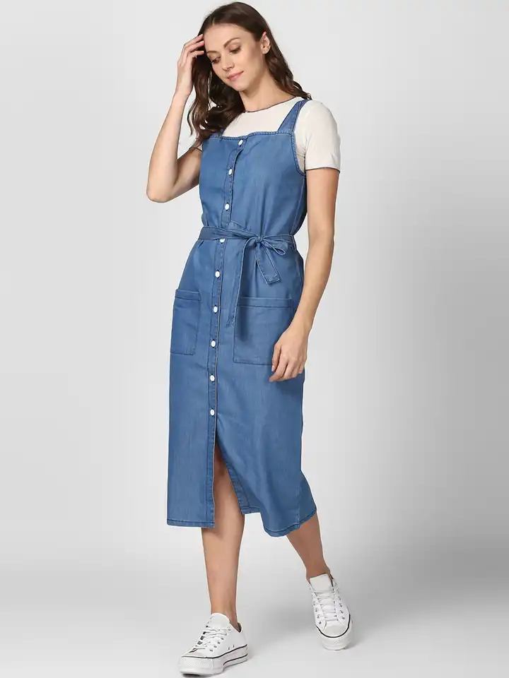 Buy StyleStone Women Blue Solid Denim Pinafore Dress - Dresses for Women  10702342 | Myntra