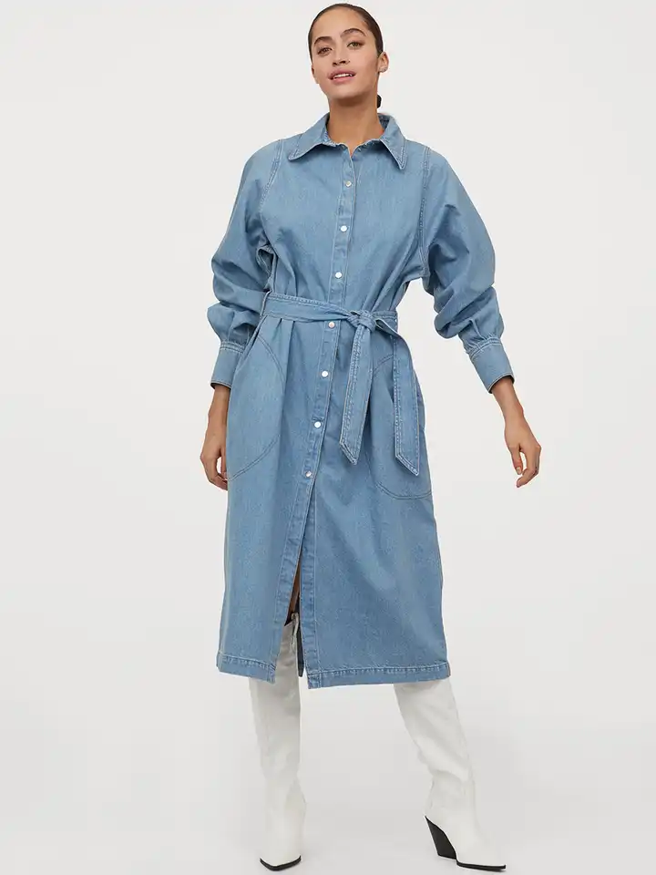 h&m blue tie belt dress