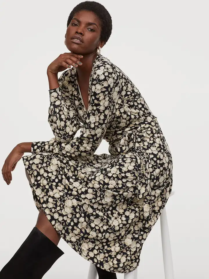 chinese dress ladies Adelia Long Bell Sleeve Floral Print Wrap Mini Dress Black  Miss Match  Group Inc