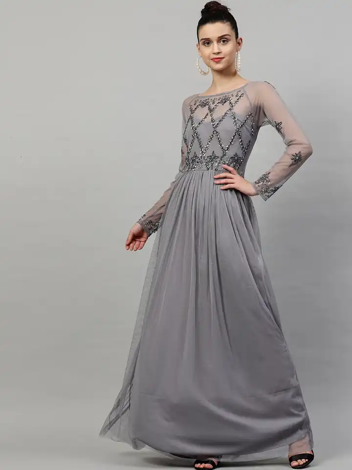 slim fit dress slacks Dark Grey Embellished Modest Maxi Dress