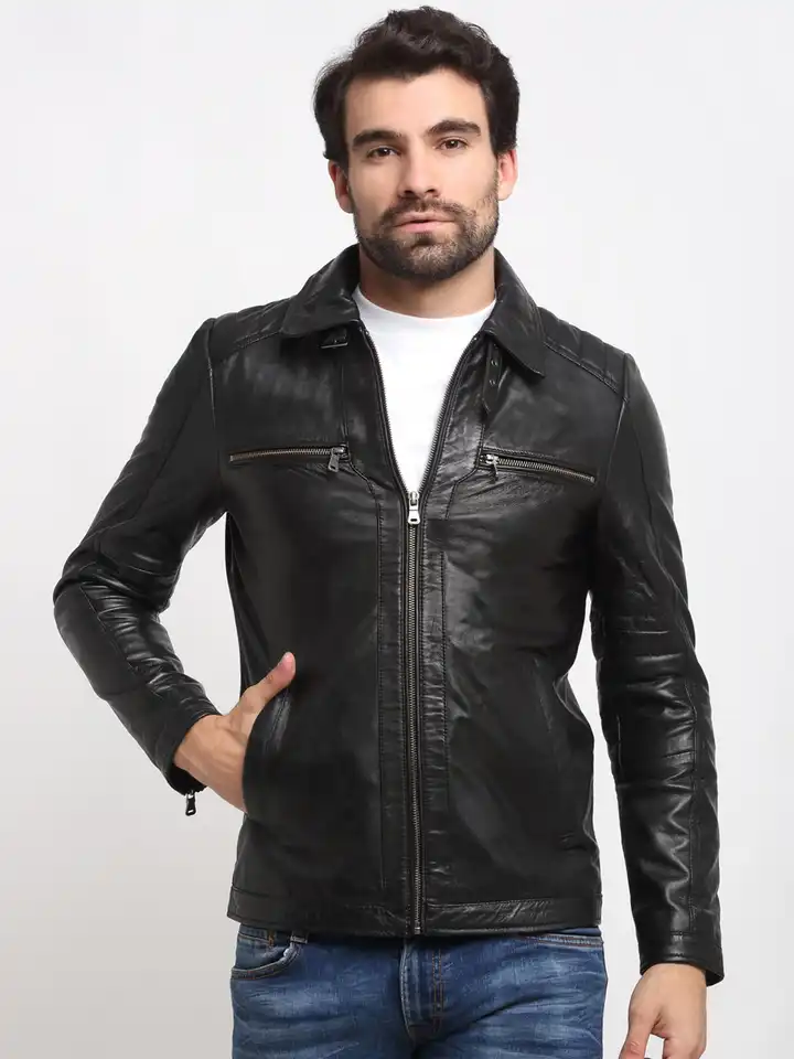 Buy Teakwood Leathers Men Black Leather Lightweight Leather Jacket
