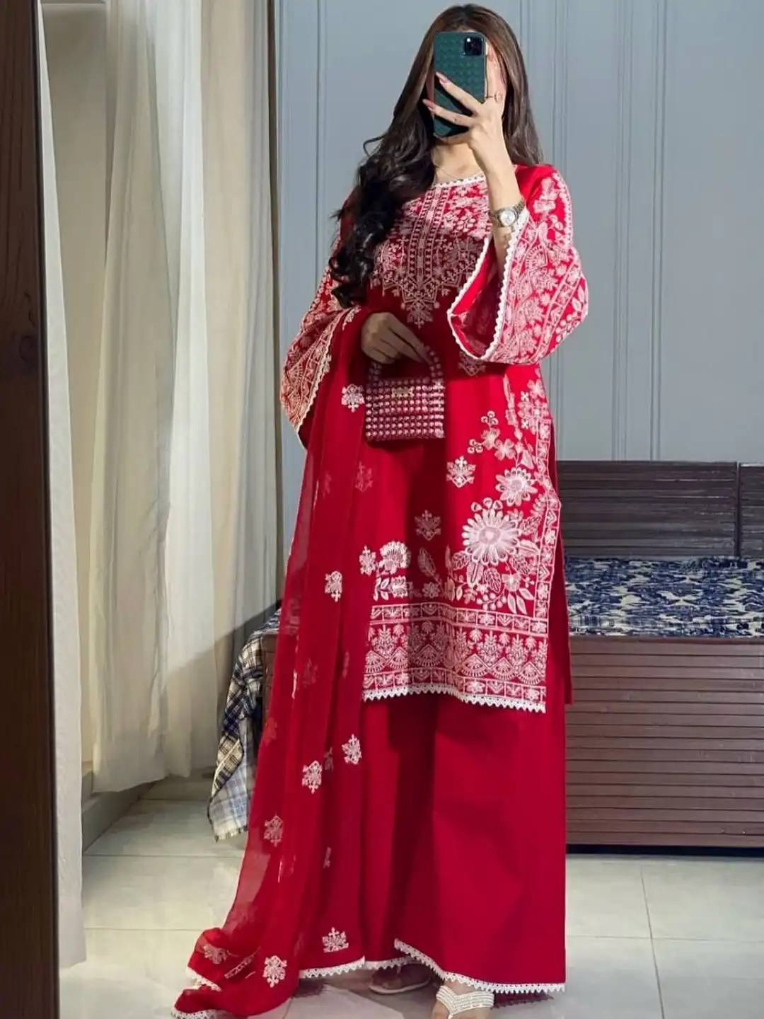 Embroidered Regular Thread Work Kurta with Palazzos & With Dupatta deal from Myntra