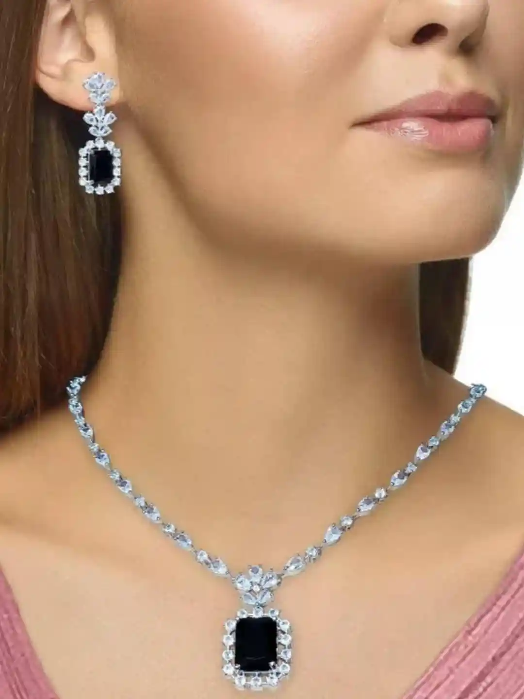 TIYARA Women White And Black Artificial Stones Ethnic Sterling Silver Jewellery Set