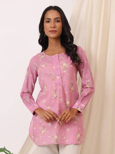 Women's Roll-Up Sleeve Tunic Top, V-Neck with Button Front, Side Pockets, Rayon Short Kurti