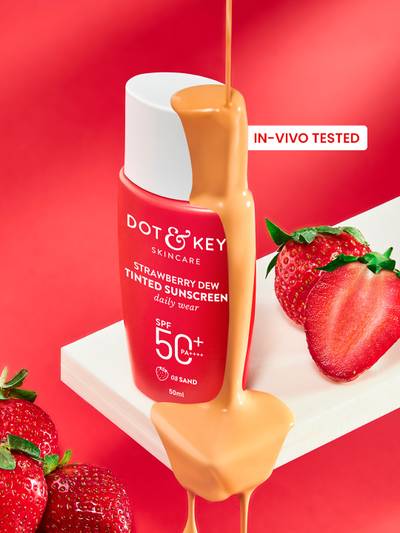 Strawberry Dew Tinted Sunscreen In-Vivo Tested SPF 50+ PA++++ With New-Age UV Filters, Brightens & Protects Skin, Ultra-light, Blends Easily, With Niacinamide, Natural Finish, Non-Sticky | Sand | 50ml