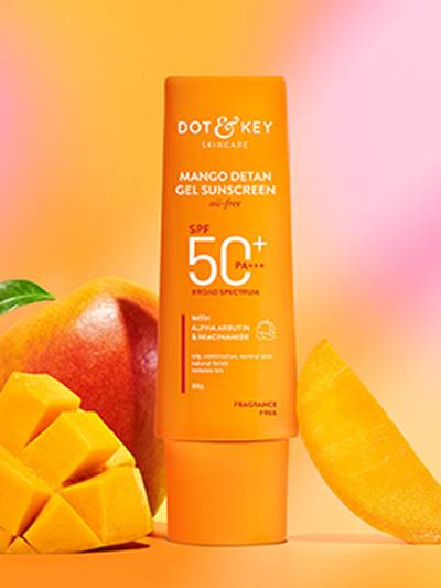 Mango Detan Gel Sunscreen In-Vivo Tested SPF 50+ PA++++, Oil-Free Formula, With Alpha-Arbutin & Niacinamide, Controls Tanning, 120 Minutes Water Resistant, Brightens & Evens Skin Tone | 80g