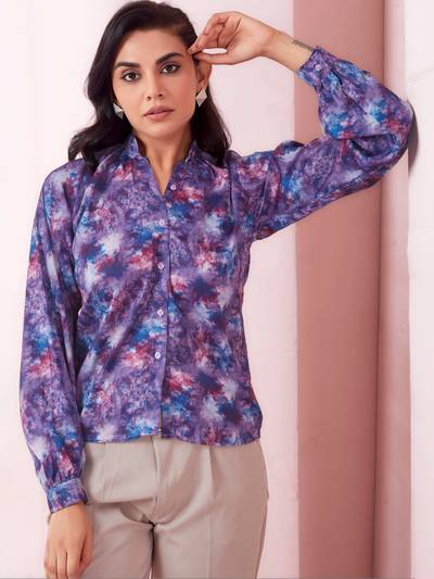 PAUSE Print Mandarin Collar Satin Top