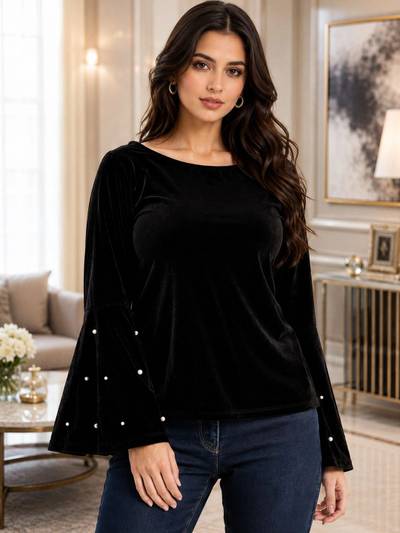 The Rue Collection Bell Sleeve Velvet Top