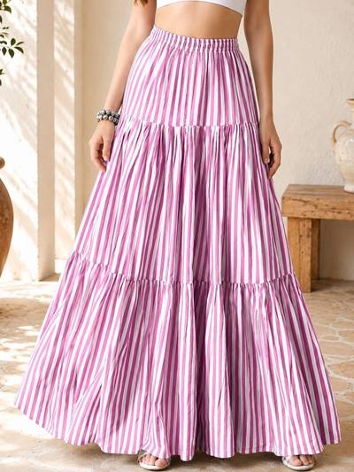 CORSICA Women Crepe Striped Tiered Maxi Flared Skirt