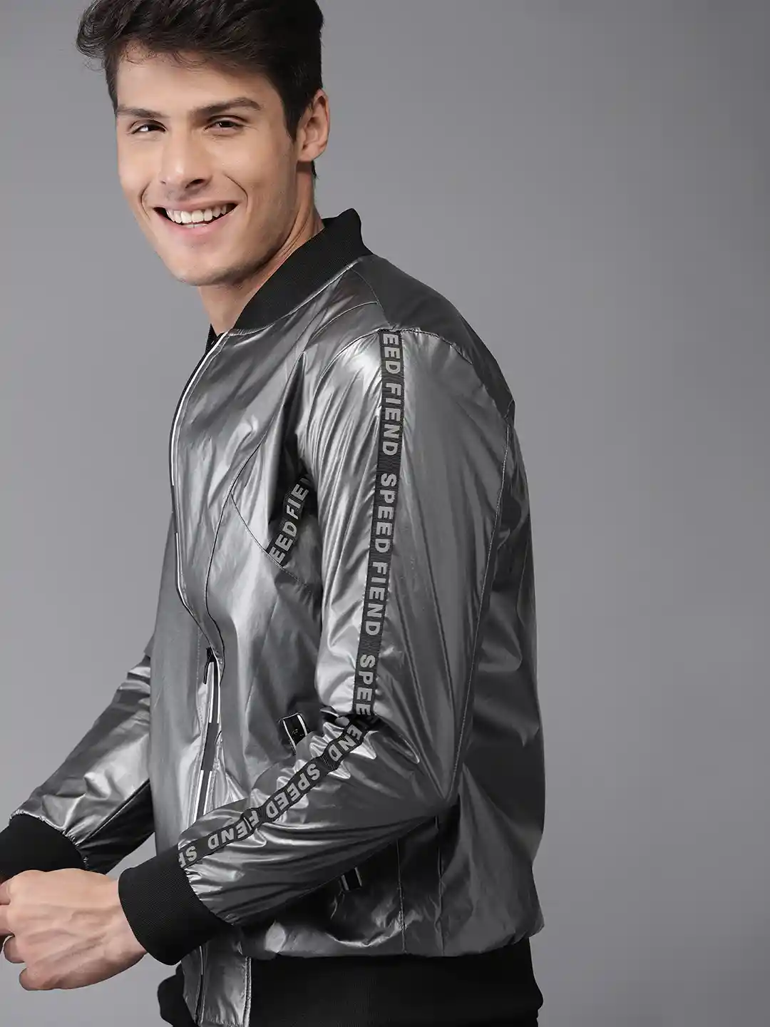 Bomber Jacket Biker Windcheater HERE&NOW Men Grey Solid