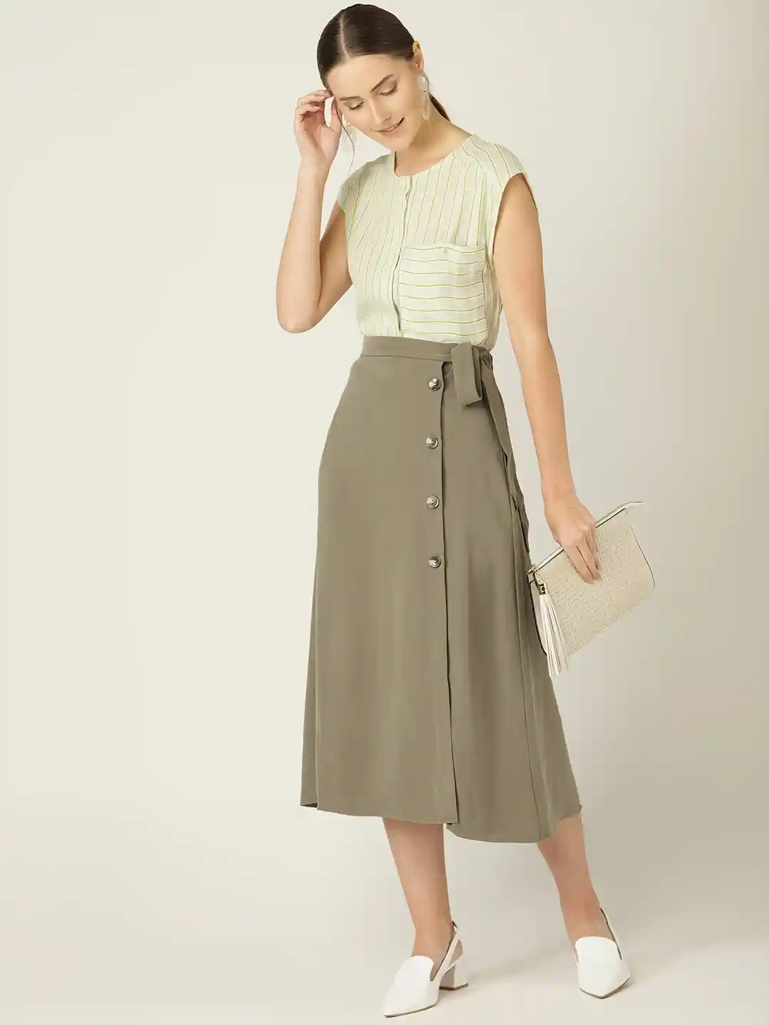 Buy MANGO Women Olive Green Solid Midi A-Line Skirt Skirts for