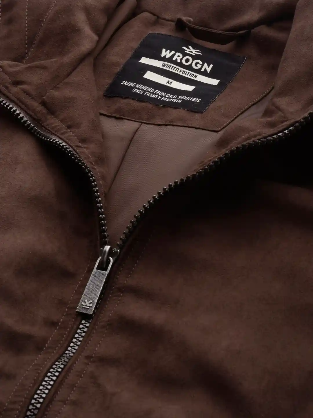 WROGN Men Coffee Brown Solid Slim Fit Suede Finish Jacket