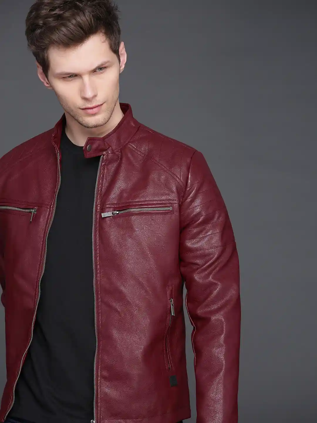 Buy WROGN Men Burgundy Self Design Slim Fit Biker Jacket Jackets
