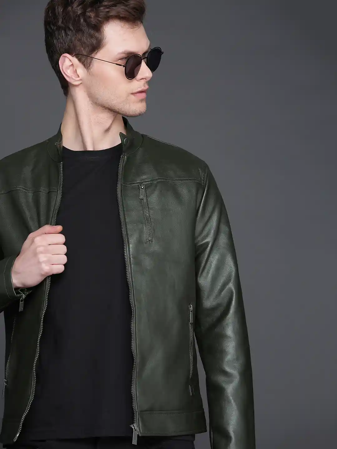 Buy WROGN Men Olive Green Solid Slim Fit Biker Jacket Jackets