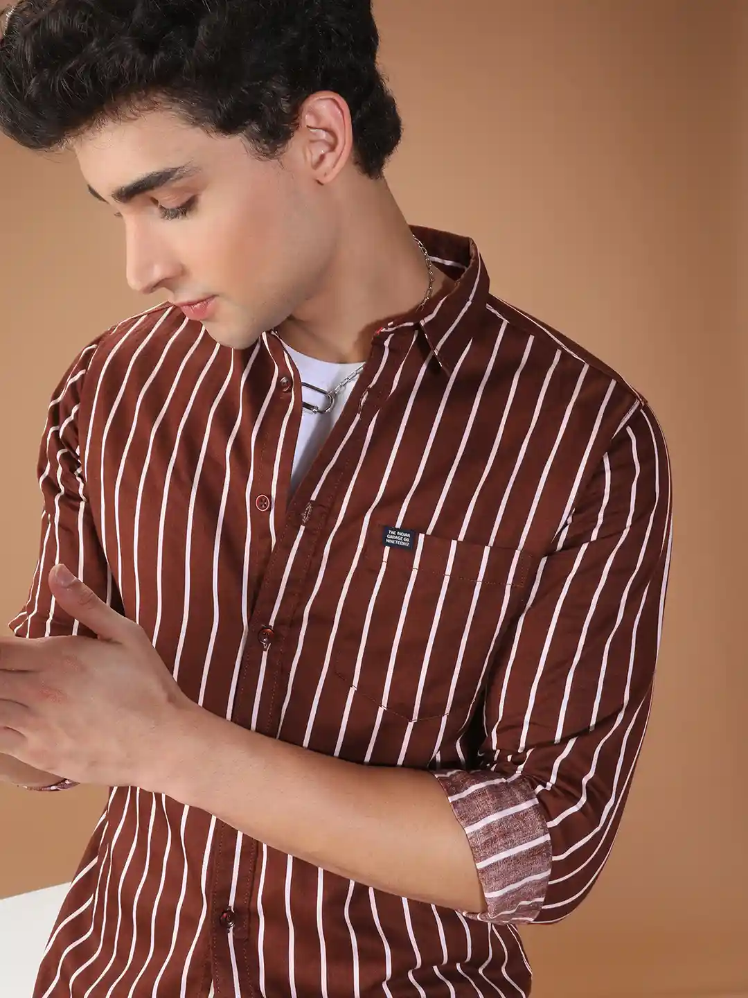 The Indian Garage Co Men Brown White Slim Fit Striped Casual Shirt