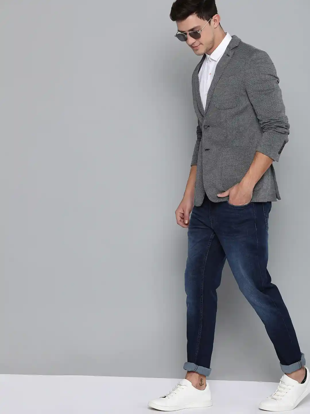 Mast Harbour Men Navy Blue White Self Design Regular Fit  Single-Breasted Casual Blazer