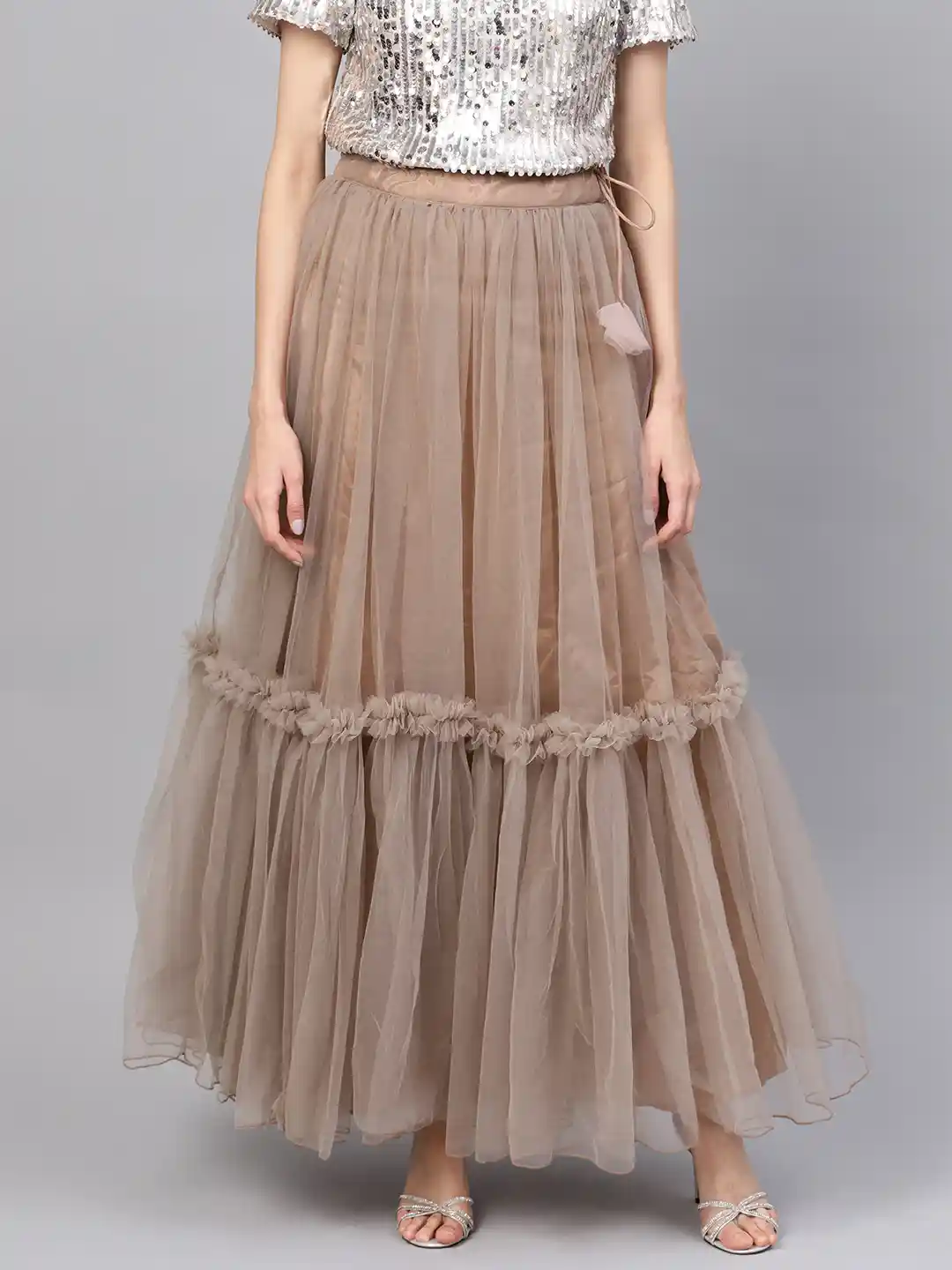 Flare Skirt Long Maxi Skirt Net Inddus Women Brown Net Solid