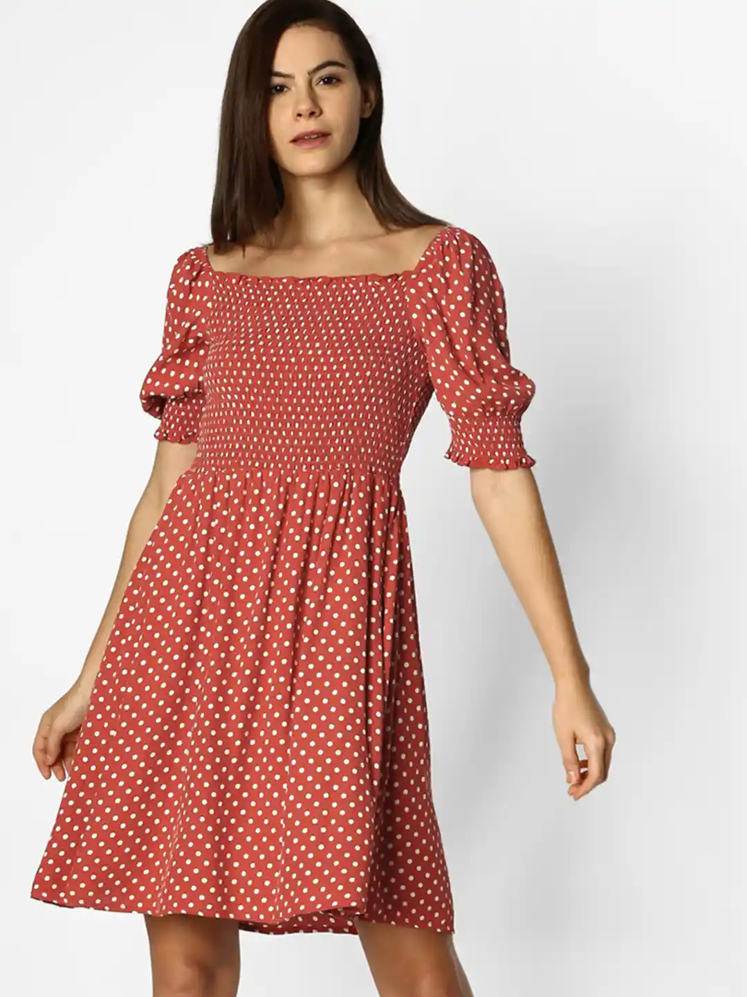 Buy ONLY Women Rust Red White Polka Dots A-Line Dress Dresses