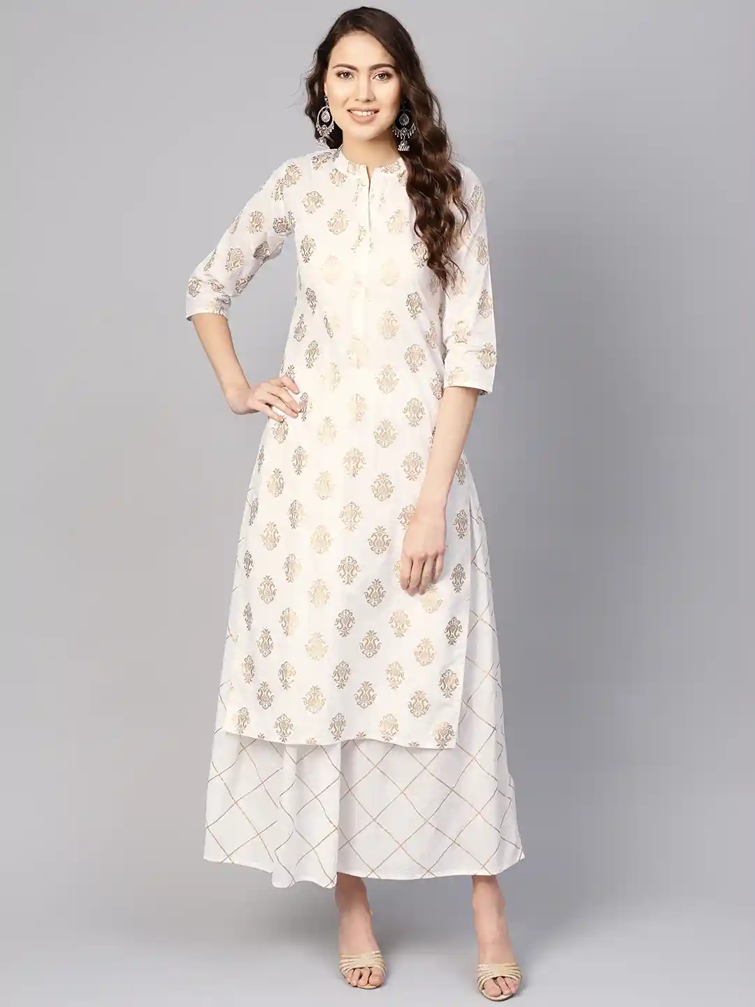 Buy Nayo Women White Golden Printed Kurta with Skirt Kurta