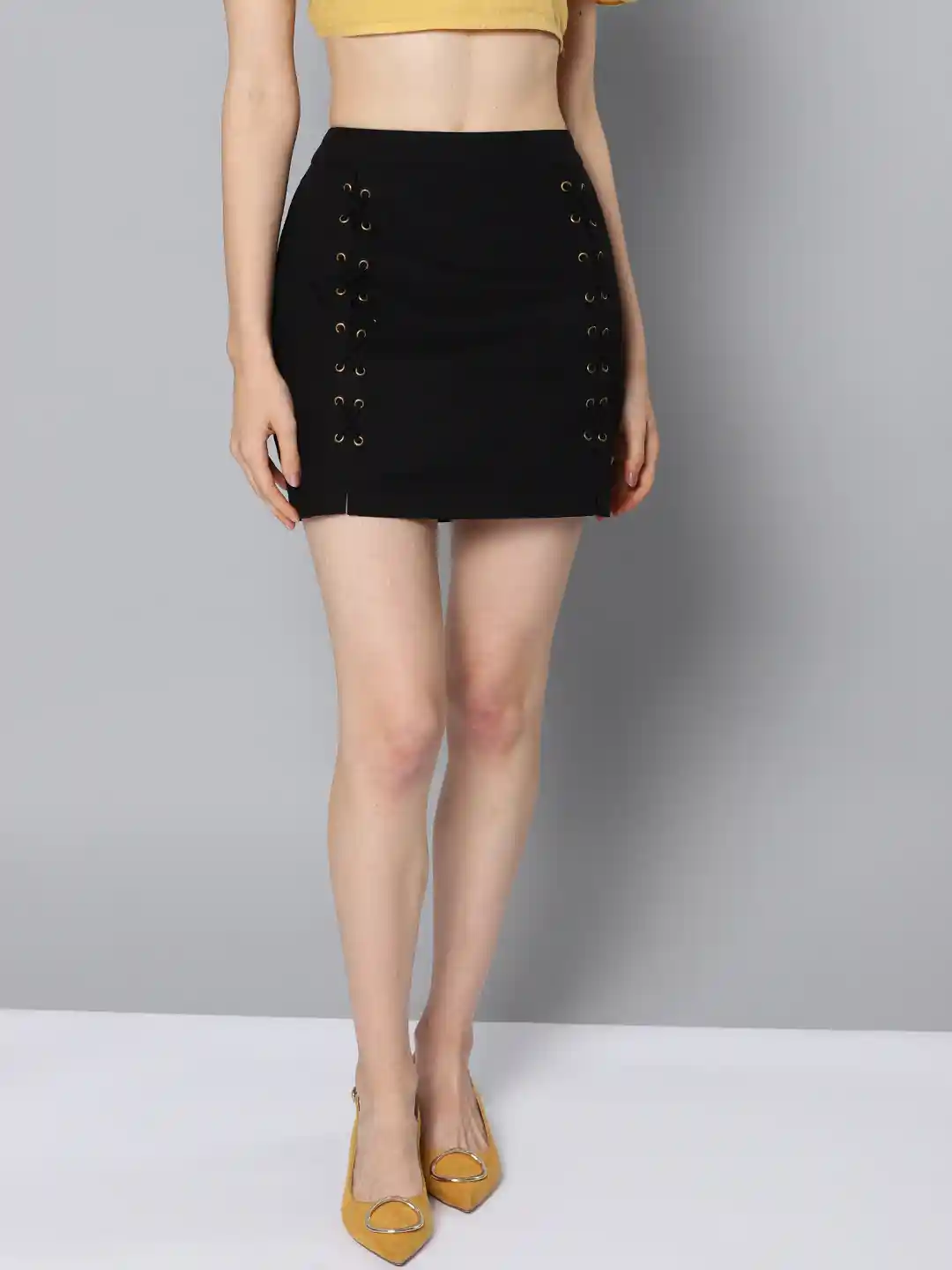 Buy STREET Women Black Solid Lace-Up Mini Straight Skirt
