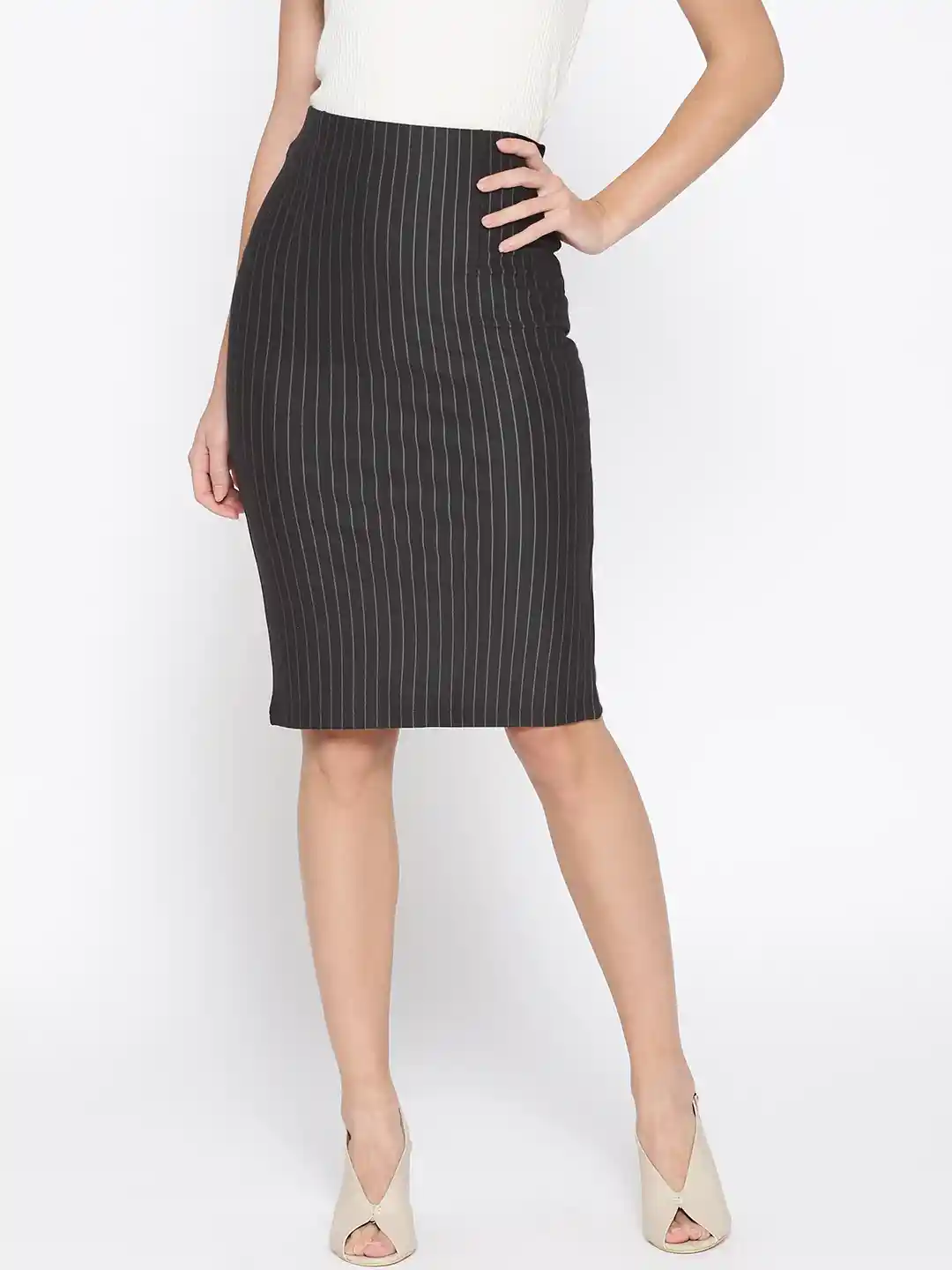 Buy Purple Feather Women Charcoal Grey Striped Pencil Skirt