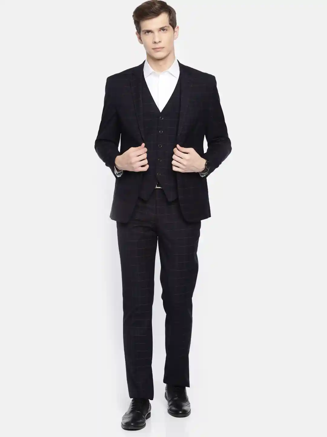 Buy Louis Philippe Men Navy Blue Brown Checked Slim Fit Single