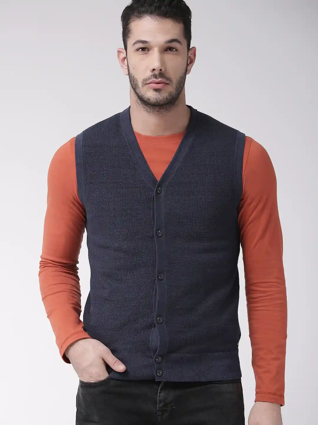 Buy Tommy Hilfiger Men Navy Blue Solid Sweater Vest Sweaters for