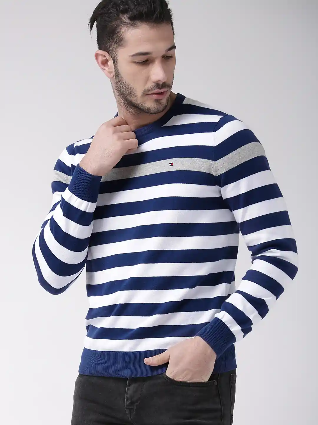 Buy Tommy Hilfiger Men Blue White Striped Sweater Sweaters for