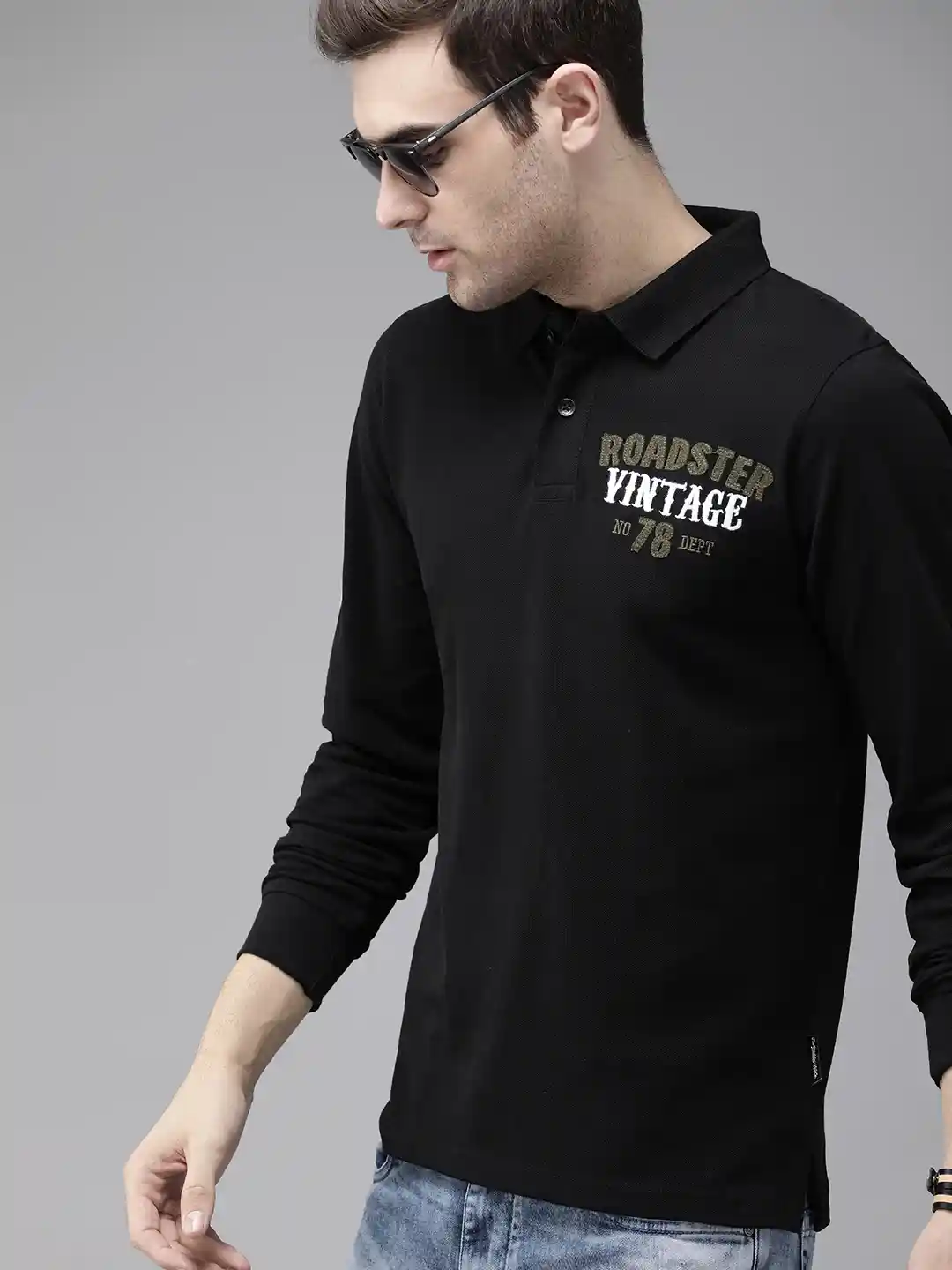 Buy Roadster Men Black Solid Polo Collar Pure Cotton T-shirt