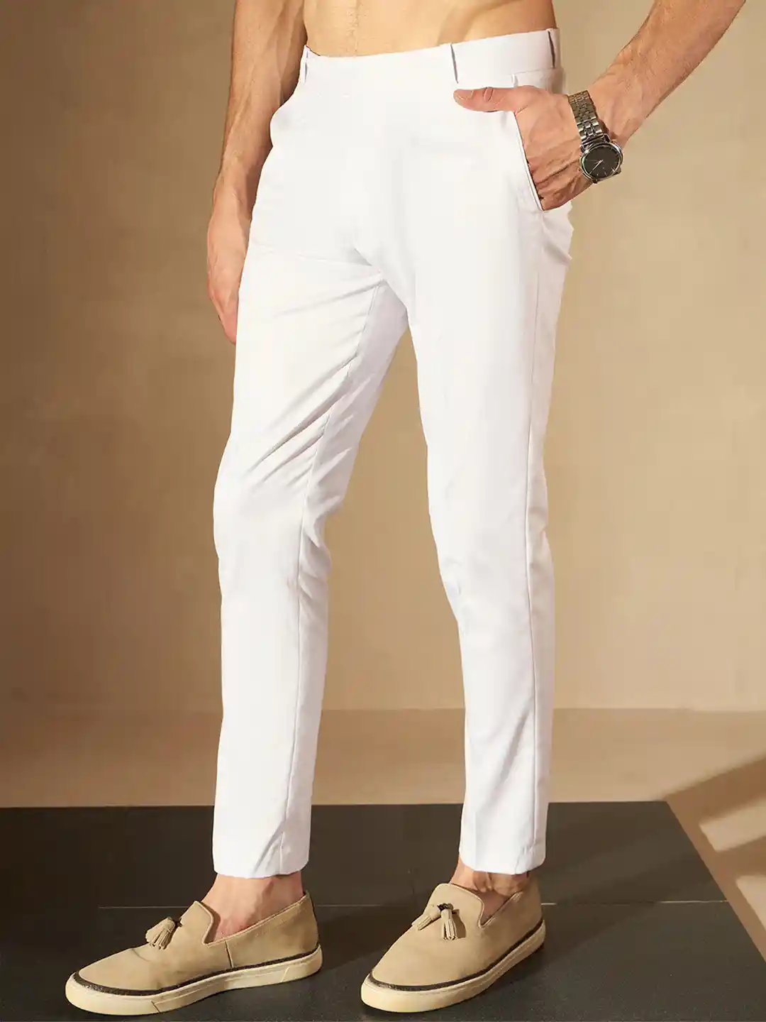 Buy DENNISON Men White Smart Tapered Fit Cropped Trousers