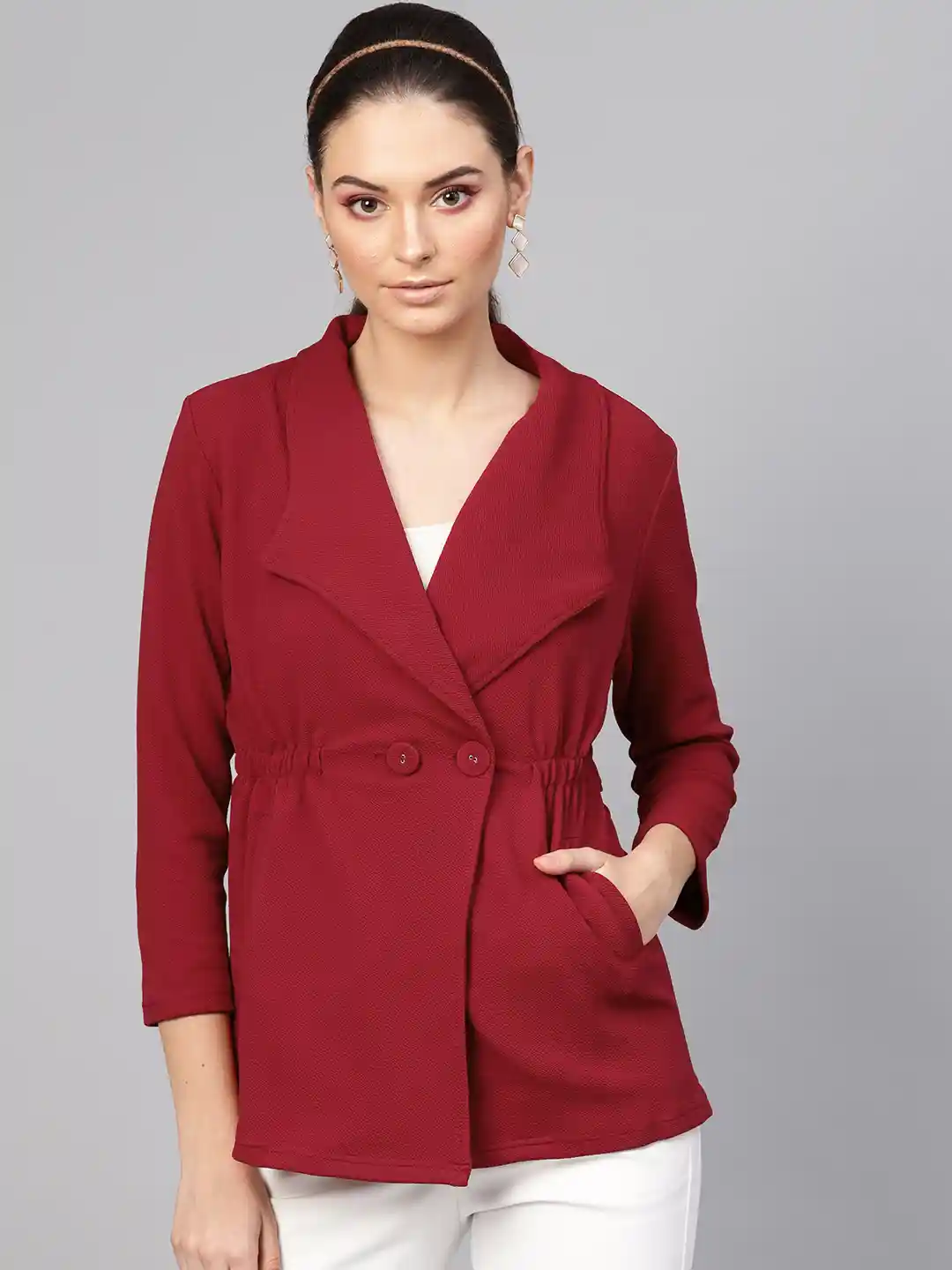 Buy SASSAFRAS Women Maroon Solid Double-Breasted Casual Blazer