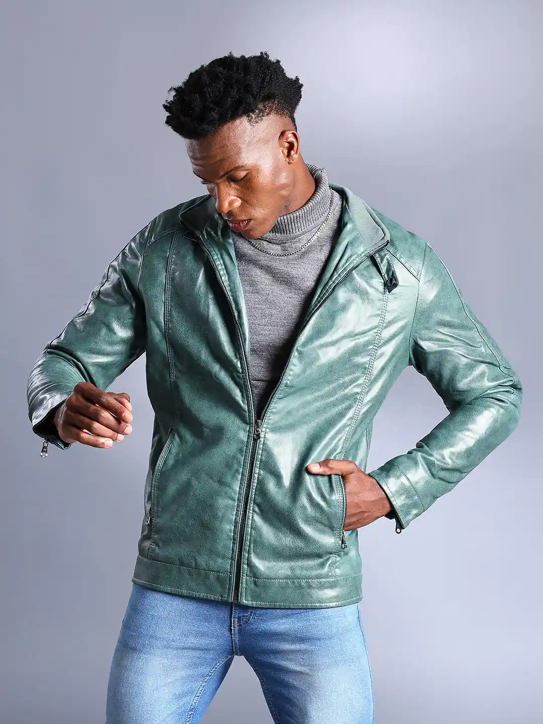 The Indian Garage Co Men Slim Fit Faux Biker Jacket with Zip Closure