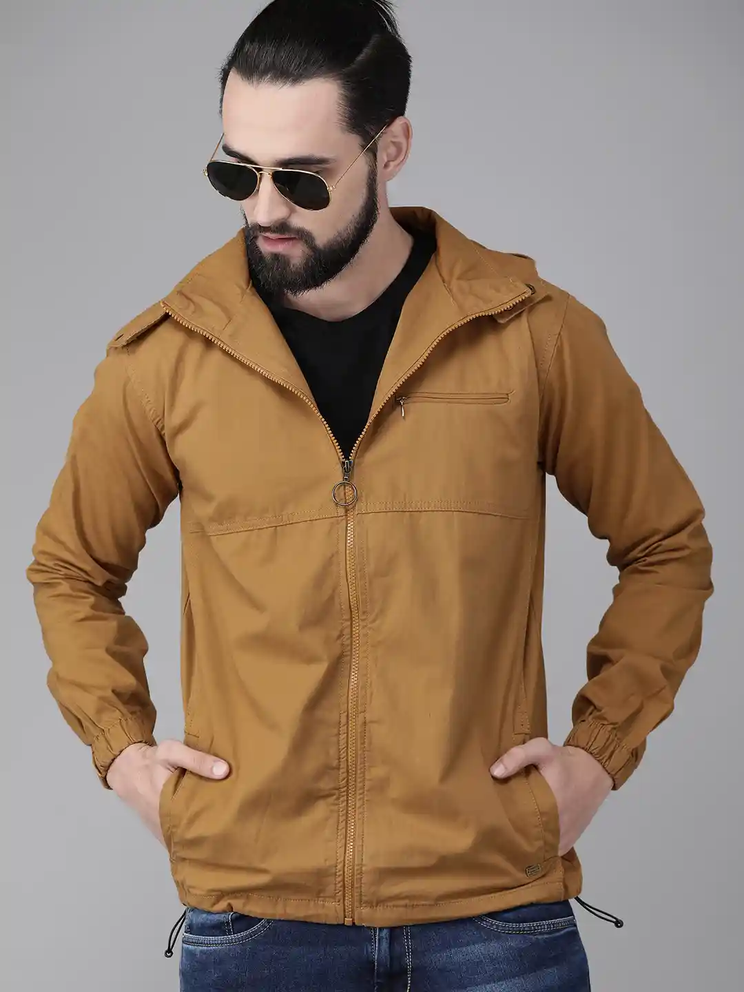 Buy Roadster Men Khaki Solid Tailored Jacket with Detachable Hood