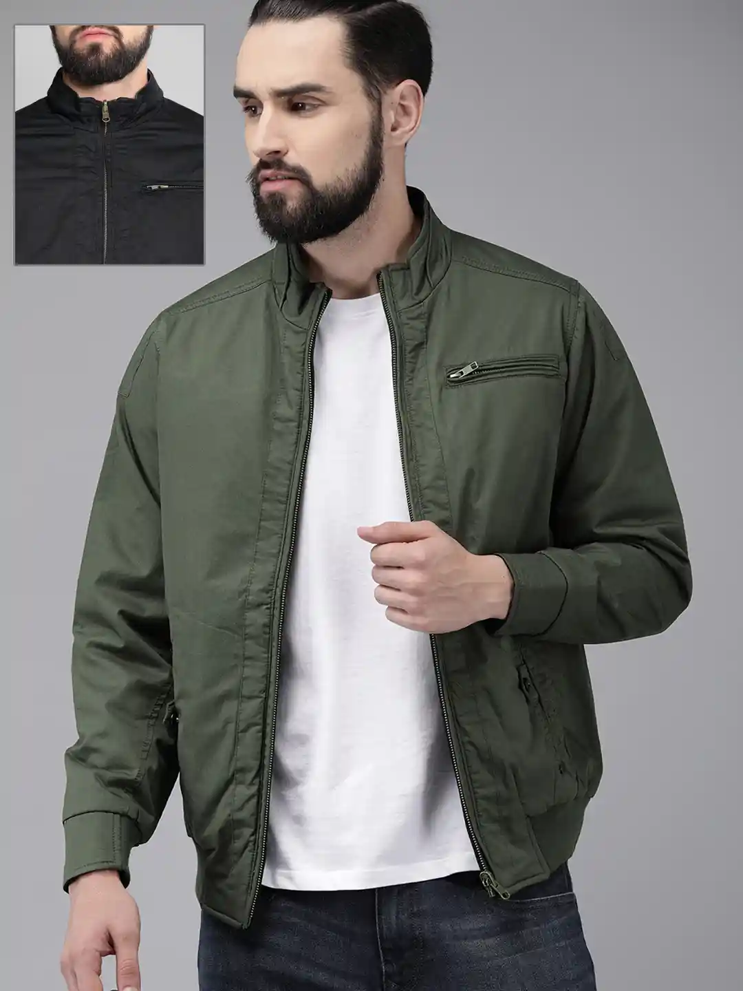 Buy Roadster Men Olive Green Solid Reversible Bomber Jacket
