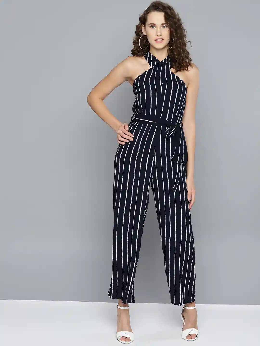 Buy Marie Claire Women Navy Blue White Striped Basic Jumpsuit