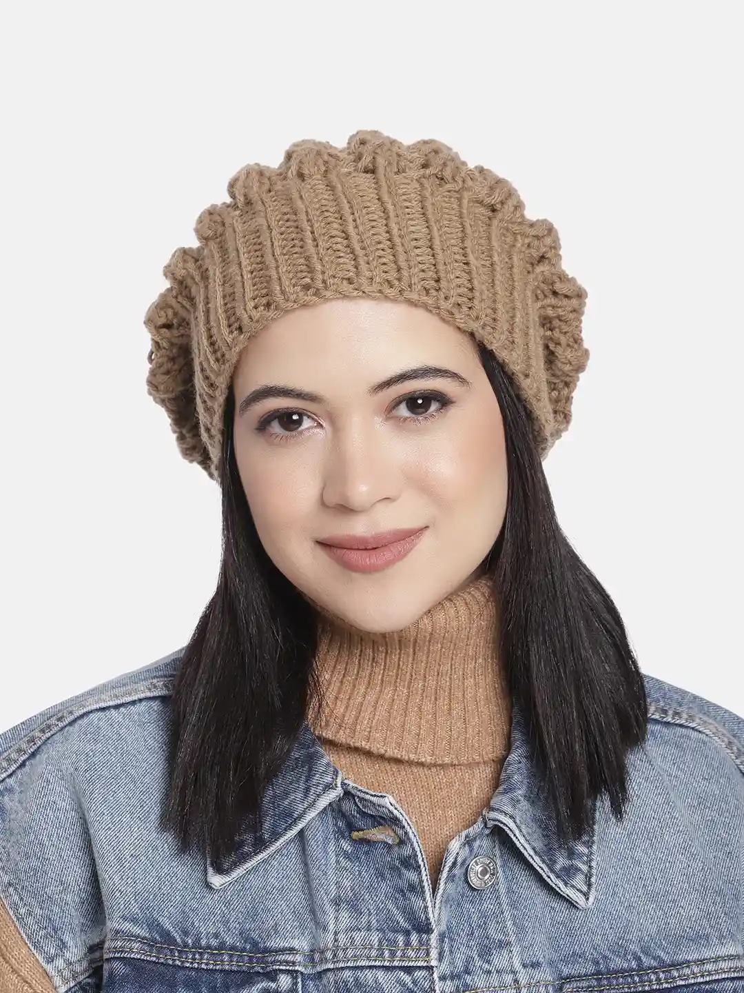 Buy Magic Needles Women Khaki Self Design Handmade Beanie Caps