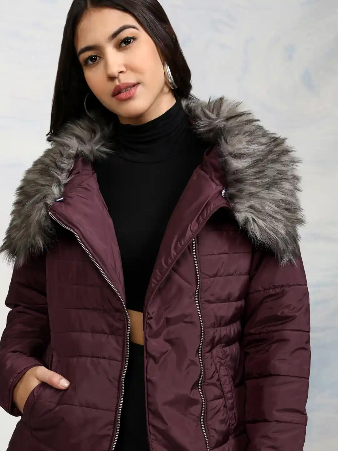 Buy Tokyo Talkies Women Burgundy Solid Puffer Jacket Jackets for