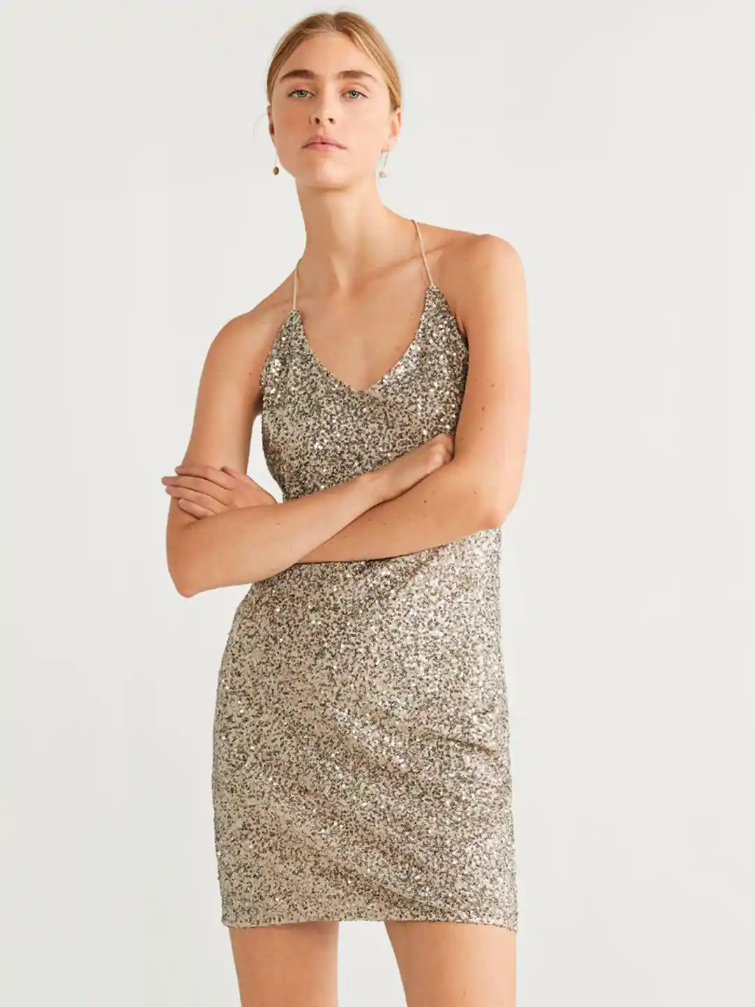 MANGO Women Silver-Toned Sequinned Sheath Dress