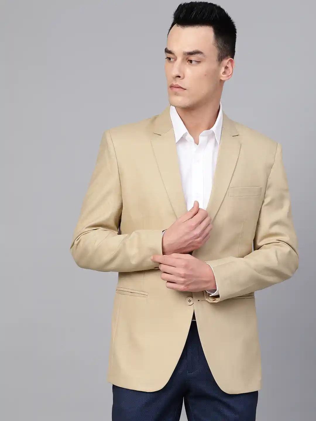 Buy MANQ Men Beige Slim Fit Solid Single-Breasted Formal Blazer