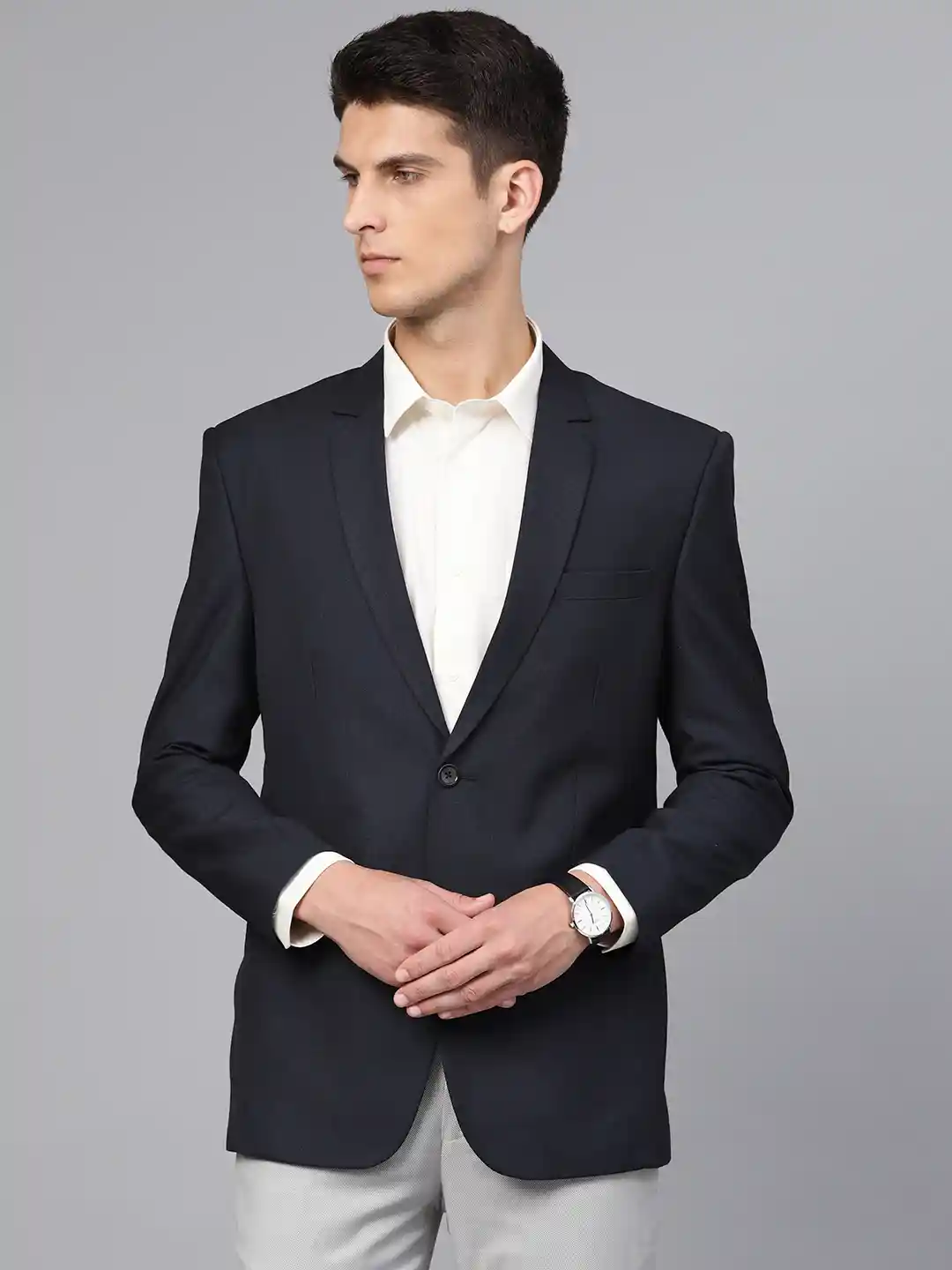 Buy MANQ Men Navy Blue Slim Fit Solid Single Breasted Formal - Main Image