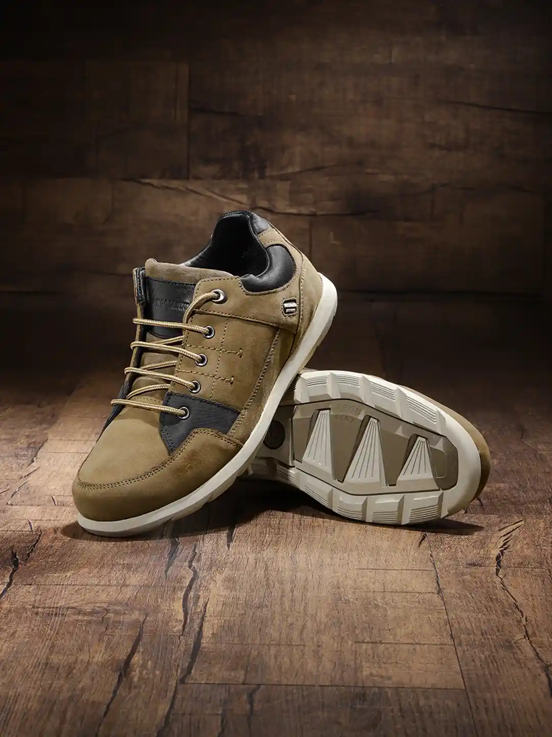 Woodland Men Olive Brown Nubuck Leather Sneakers